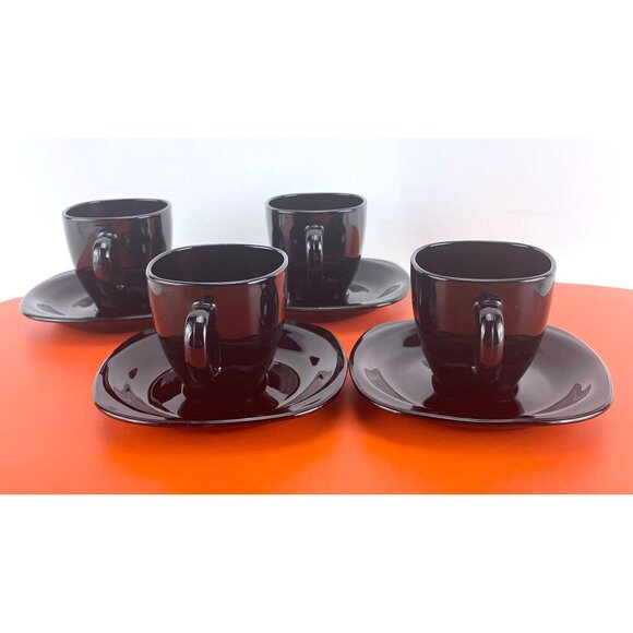 Vintage 1980s demitasses and saucers set, square black glass, Arcoroc France - Picture 7 of 10